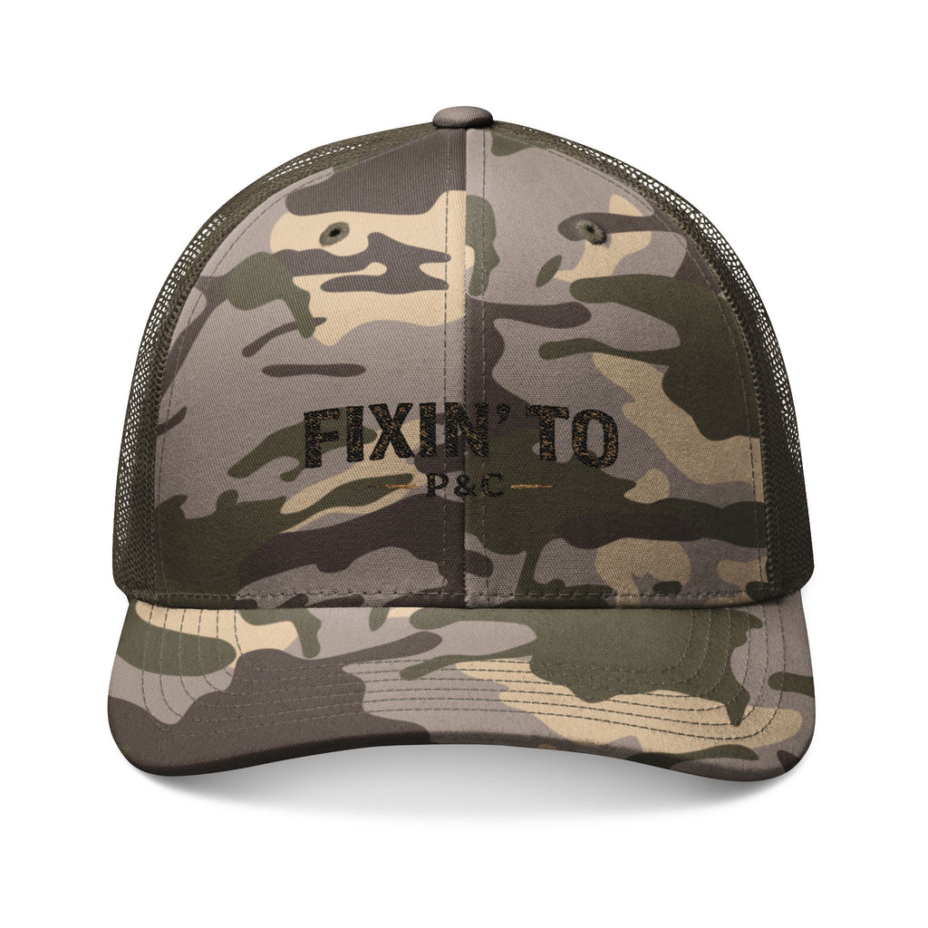 Fixin to Embroidered Distressed Camo Cap